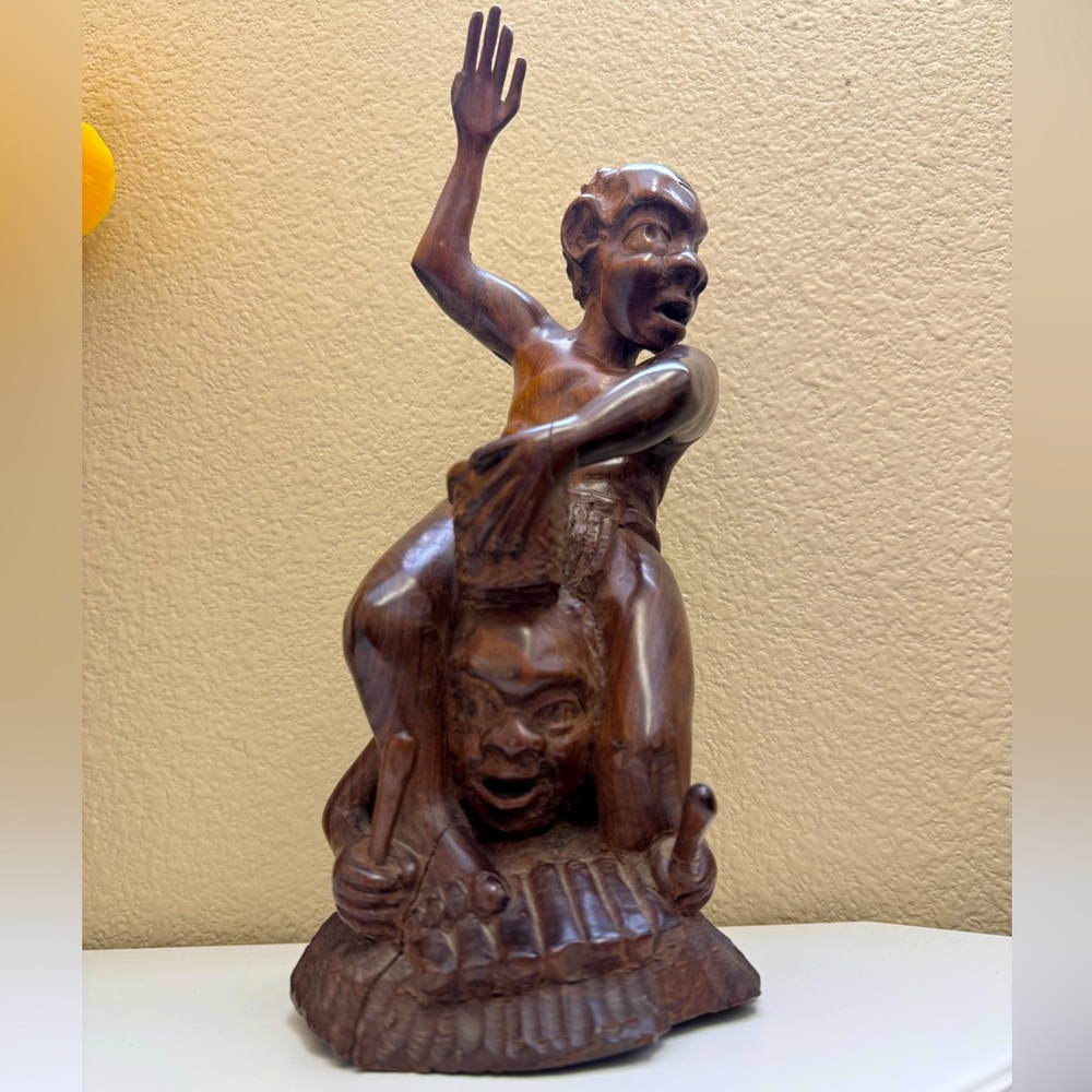 Solid Wood-carved African Statue - Musicians
